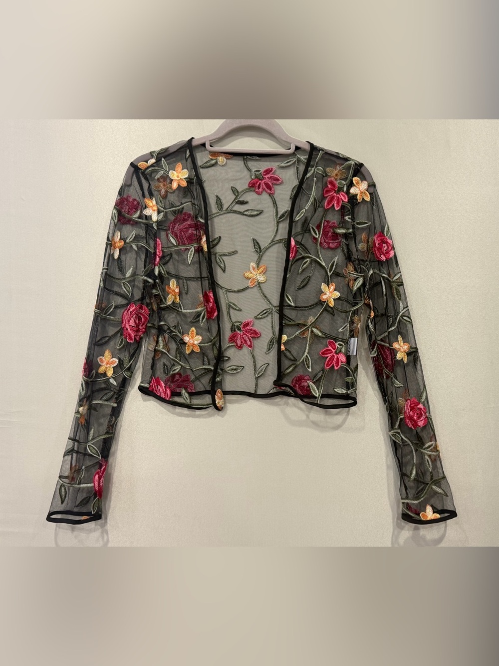 Black Floral Embroidered Sheer Mesh Bolero Jacket Cropped NWOT